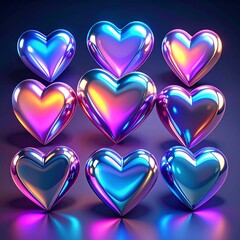 Vibrant holographic hearts glowing with iridescent colors on a dark background, symbolizing love and affection.