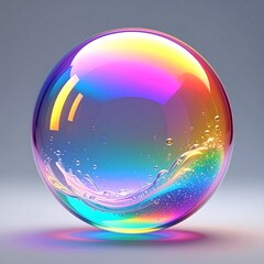 Vibrant iridescent bubble with colorful reflections and liquid inside, showcasing a spectrum of light and abstract beauty.