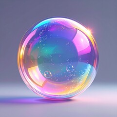 Vibrant iridescent soap bubble floating in a serene, minimalist setting, showcasing a spectrum of colors and delicate reflections.