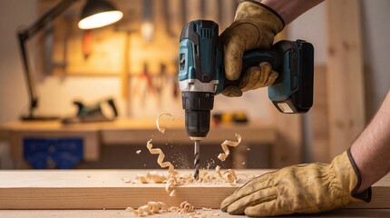 Craftsman drilling into wooden plank with power drill as wood shavings fly in active workshop setting