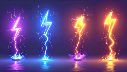 Vibrant Neon Lightning Bolts Striking Ground with Electric Energy.