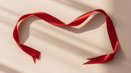 A red ribbon is tied in the shape of a heart on a plain background