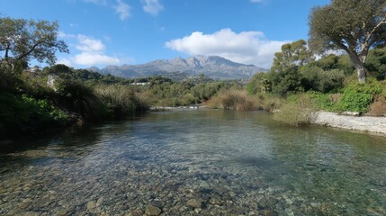 Fototapeta premium Calm Clear River Flowing Through Lush Green Landscape Toward Distant Mountains Under Partly Cloudy Blue Sky in Sunny Weather