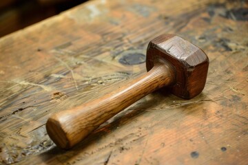 Wooden mallet lying on a scratched workbench, showcasing carpentry tools and traditional craftsmanship