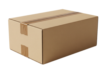 Brown cardboard box with sealed tape on black background