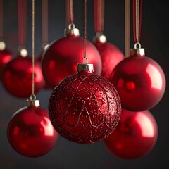 Vibrant Red Christmas Ornaments Hanging Against a Dark Background.