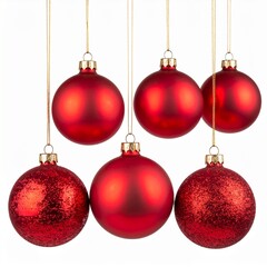 Vibrant Red Christmas Ornaments Hanging Against a Clean White Background.