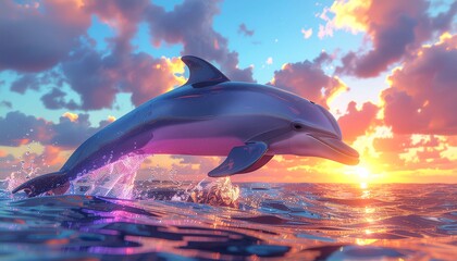 A dolphin leaping above the water against a scenic backdrop.