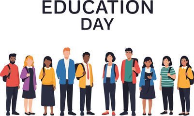 Illustration of diverse group of adults standing together on Education Day with colorful clothing against a white background.