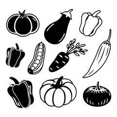 Bold black and white vegetable illustrations set, organic garden produce icons featuring tomato, pumpkin and bell pepper, hand drawn kitchen ingredients isolated on white
