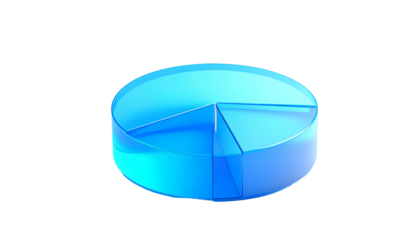 3D rendered pie chart graphic, transparent and glowing blue against a black background