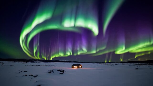 Bright aurora borealis glowing over remote cabin creates ethereal winter scene. Aurora borealis illuminates snowy landscape while aurora borealis dances across dark sky of arctic wilderness.