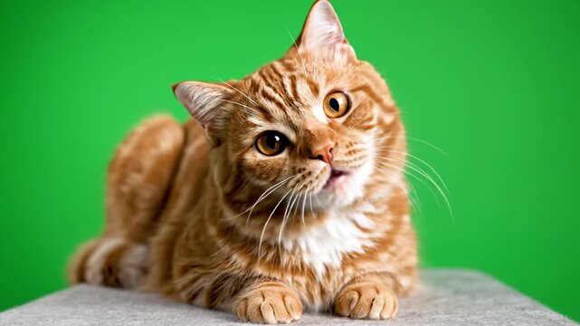 Adorable ginger tabby cat with striking amber eyes posing calmly on a textured surface against a vibrant solid green screen background for easy isolation.