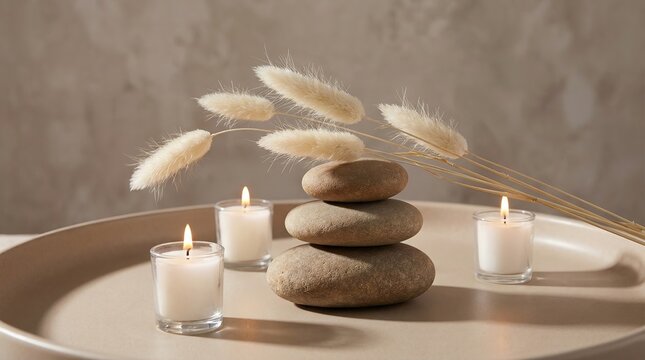 Balanced zen stones with floating leaves and candles in calm spa setting - Powered by Adobe