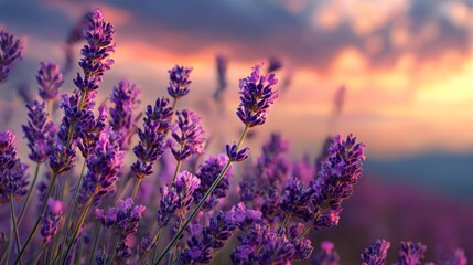 A close-up captures a field of lavender flowers in full bloom against a breathtaking sunset, evoking tranquility and natural beauty.
