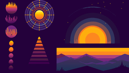 Obraz premium Vibrant cosmic landscape with stylized sunsets, mountains, and geometric shapes in shades