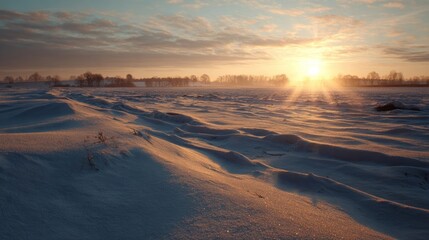A winter sunset over a snowy field with long shadows,