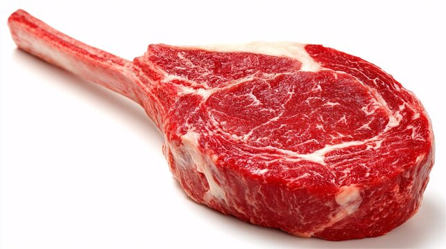 photorealistic digital illustration of a single raw frenched lamb rib chop. The meat shows rich marbling and deep red color against the clean white bone. It is isolated on a pristine white background 