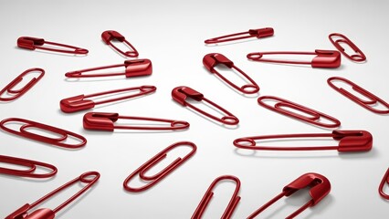 Scattered Red Safety Pins and Paper Clips on a White Background.