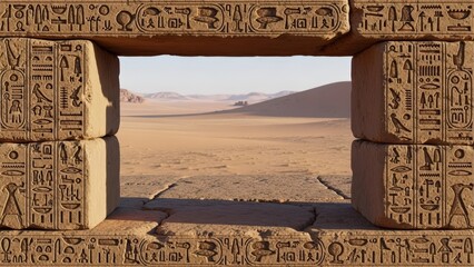 Ancient Egyptian Hieroglyphs Carved into Stone Frame Desert Landscape View.