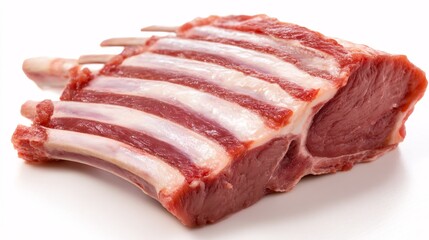 Fototapeta premium gouache illustration of a three-bone raw lamb rib rack section, standing upright. Opaque, matte paints show the textures of the red meat, white fat cap, and clean bones against the stark white 