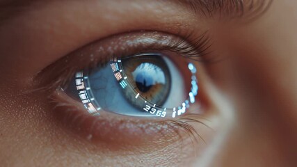 A close view of a human eye with digital elements. The eye reflects data and images from a city. Light changes throughout the frames, showing different details