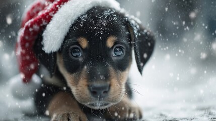 An adorable puppy playing in the snow with a Santa hat on,
