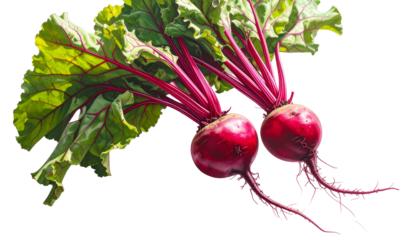 Vivid, close-up shot of two vibrant red beets with green leaves, isolated on black