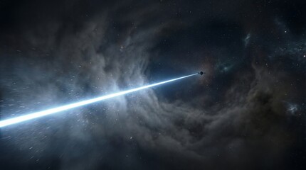 Intense beam of light piercing swirling cosmic clouds in deep space with dramatic sci-fi atmosphere
