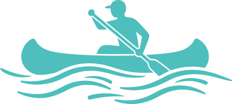 Teal silhouette illustration of a person rowing a canoe on wavy water. Minimalist vector graphic represent peaceful outdoor recreation, kayaking, paddling, and aquatic fitness in a clean, modern style