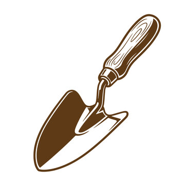 Vintage Brown garden trowel with wooden handle for planting and digging isolated on white background