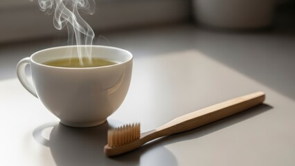 Steaming Cup of Green Tea Beside a Bamboo Toothbrush on a Table.