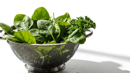 Leafy greens drying in colander with spinach and kale  