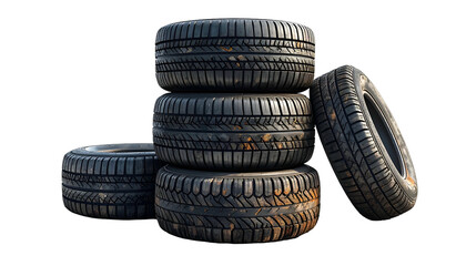 A stack of five car tires with visible tread, arranged against a black background