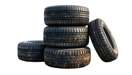A stack of five car tires with visible tread, arranged against a black background