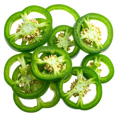 Sliced green chili peppers, showcasing seeds and texture, on a black background