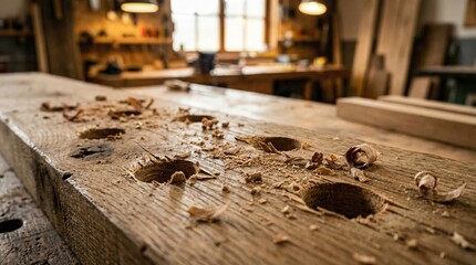 Close-up of rough wooden plank with sawdust and tool marks in workshop