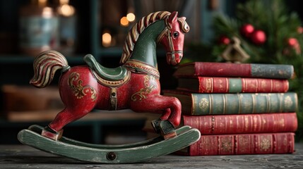 An antique rocking horse painted red and green, sitting near a stack of holiday-themed children's books,