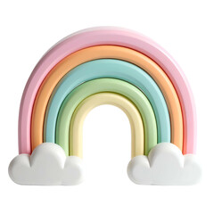 A 3D rendered pastel rainbow design with fluffy clouds, set against a black backdrop