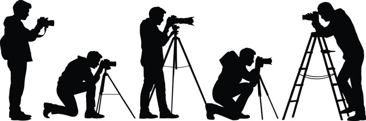 Professional photographers silhouettes capturing moments with cameras and tripods, creative photography workflow concept illustration for media, journalism, studio, and outdoor shoots