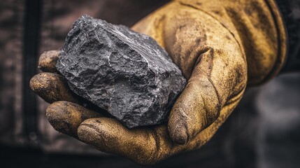 A miner's gloved hand cradles a dark rock, a symbol of hard work and the earth's hidden treasures. The focus captures the texture and weight of the ore held firmly.