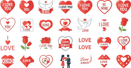 Assortment of delightful red and white Valentine's Day sticker designs featuring hearts doves roses and romantic affectionate messages for celebrations