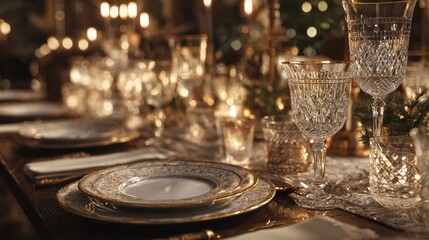 An elegant Christmas table setting with fine china and crystal glassware,