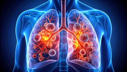 Human lungs anatomy. Respiratory system illustration. Glowing blue lungs with bronchi and blood vessels. Medical imaging. Internal organs. Healthcare concept. Detailed lung structure. Body