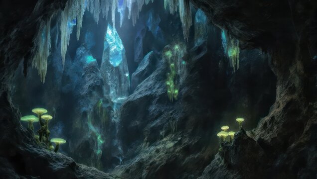 Mystical Underground Cave with Glowing Crystals and Bioluminescent Mushrooms.