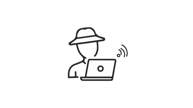 Minimal line illustration of a person wearing a hat using a laptop with wireless signal.