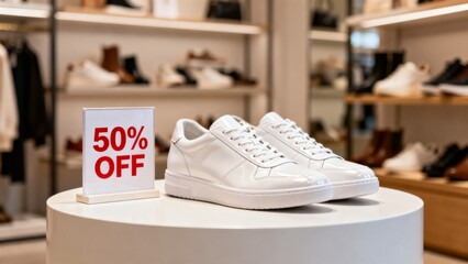 White sport shoes on round pedestal with 50 percent off sale sign in modern retail store display setting