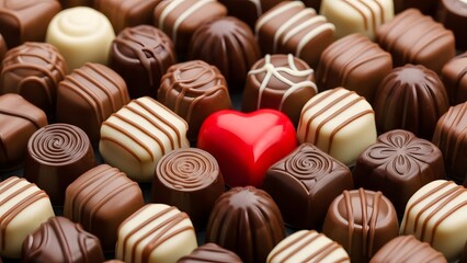 Fototapeta premium Assortment of milk white and dark chocolates with a red heart shaped chocolate assortment milk chocolate