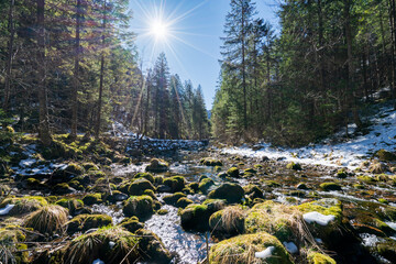 Water stream at Dolina Koscielicka valley. Polish west Tatry mountains in winter