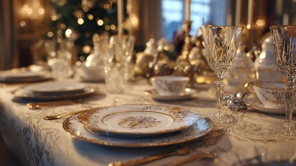 An elegant Christmas table setting with fine china and crystal glassware,